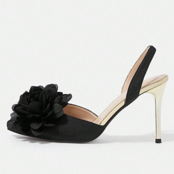 Pointed toe black Flower 3D appliqués slingback heels - gold detail - Picture 4 of 5